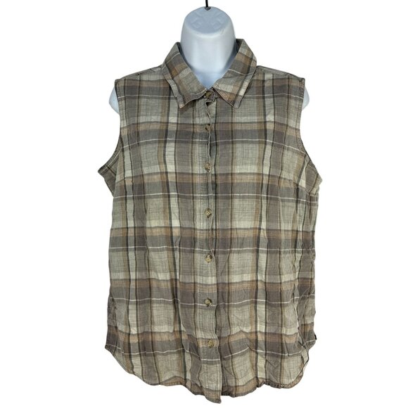 White Stag Womens Sleeveless Collared Button Front Plaid Blouse Large - Picture 1 of 5